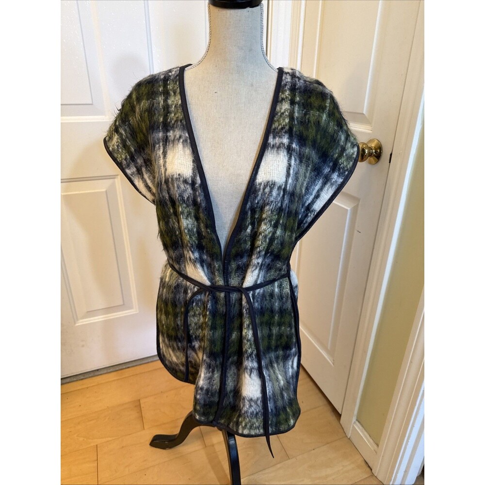 WOOL ALPACA BLEND Conrad C Green & Black Plaid Vest With Leather Belt Size M